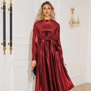 Tie Waist Long Sleeve Midi Dress